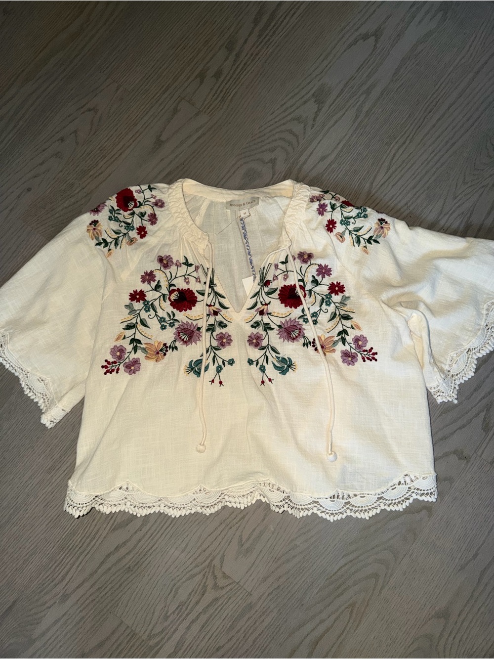 Jennifer & Grace Cream Boho Embroidered Peasant Blouse with Floral Accents